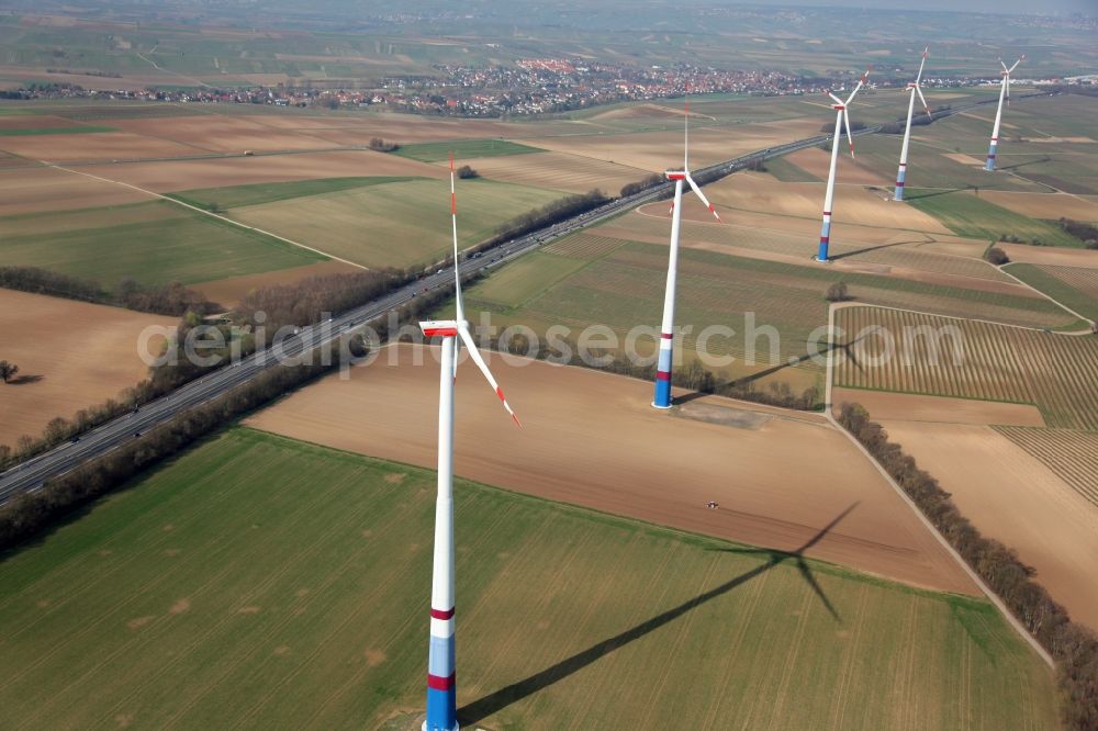 Schornsheim from the bird's eye view: Wind turbine windmills on a field in Schornsheim in the state Rhineland-Palatinate