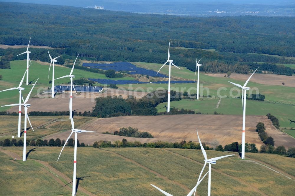 Aerial image Schulzendorf - Wind turbine windmills on a field in Schulzendorf in the state Brandenburg, Germany