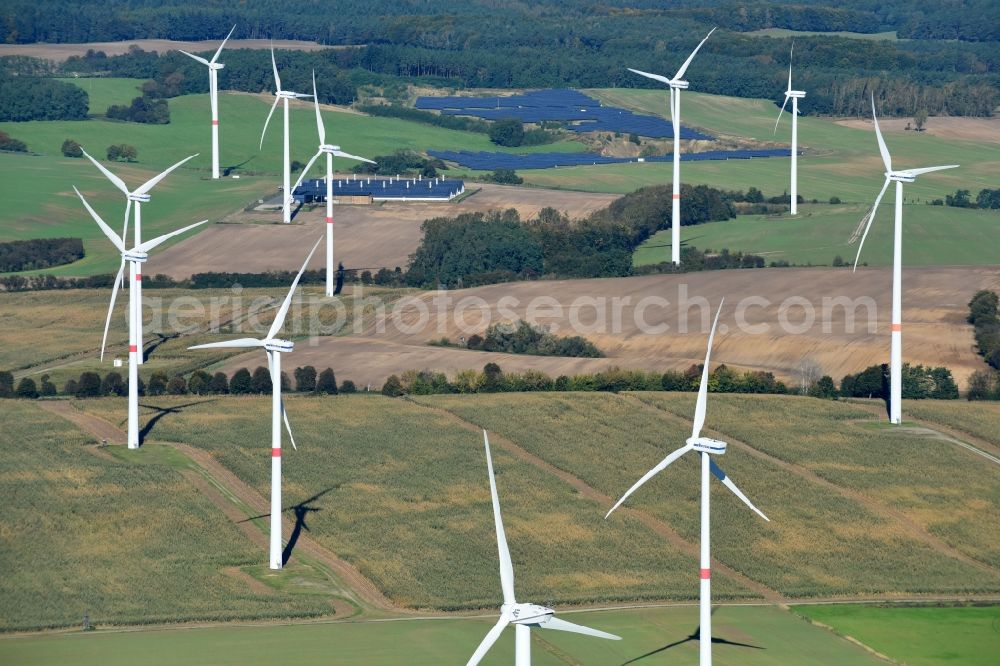 Aerial photograph Schulzendorf - Wind turbine windmills on a field in Schulzendorf in the state Brandenburg, Germany