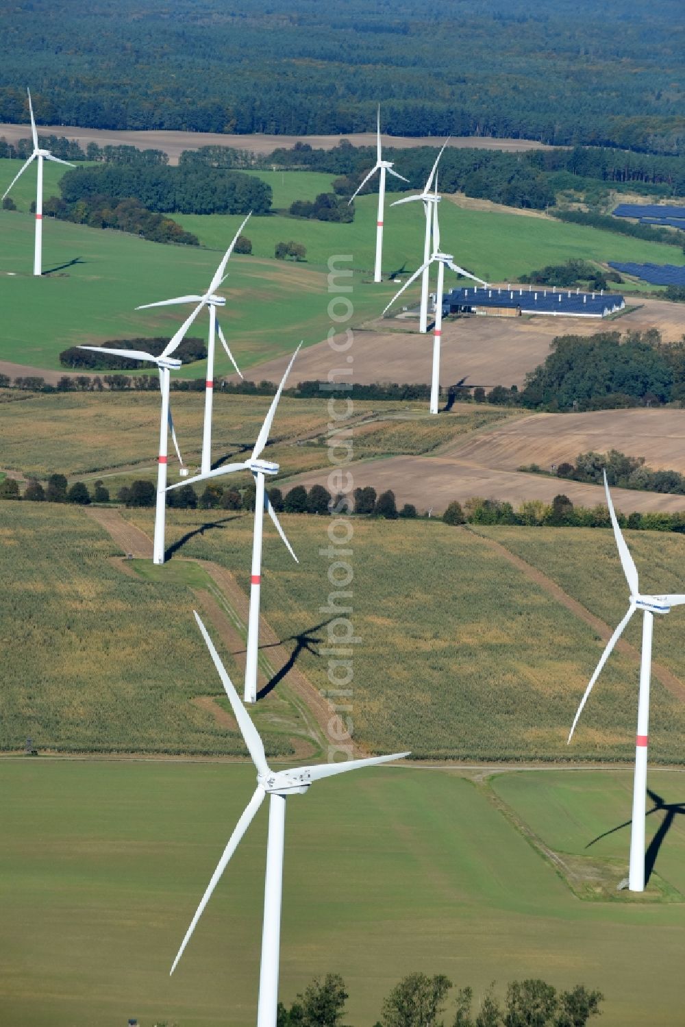 Schulzendorf from above - Wind turbine windmills on a field in Schulzendorf in the state Brandenburg, Germany