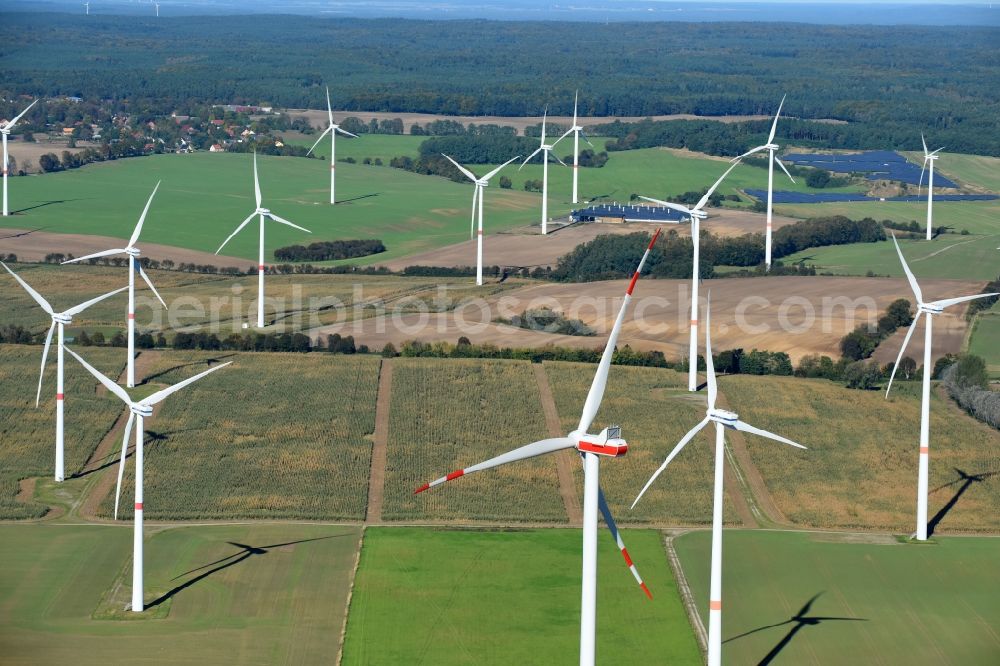 Schulzendorf from the bird's eye view: Wind turbine windmills on a field in Schulzendorf in the state Brandenburg, Germany