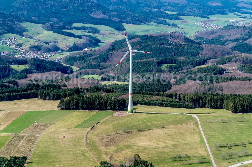 Aerial photograph Schuttertal - Wind turbine windmills on a field in Schuttertal in the state Baden-Wuerttemberg, Germany