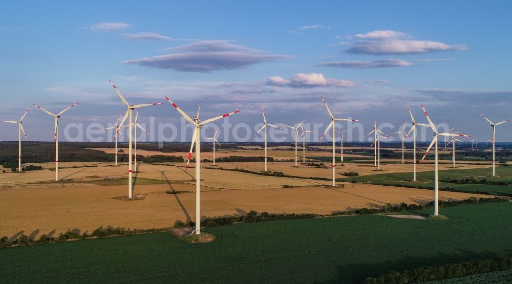 Aerial photograph Sieversdorf - Wind turbine windmills on a field in Sieversdorf in the state Brandenburg, Germany