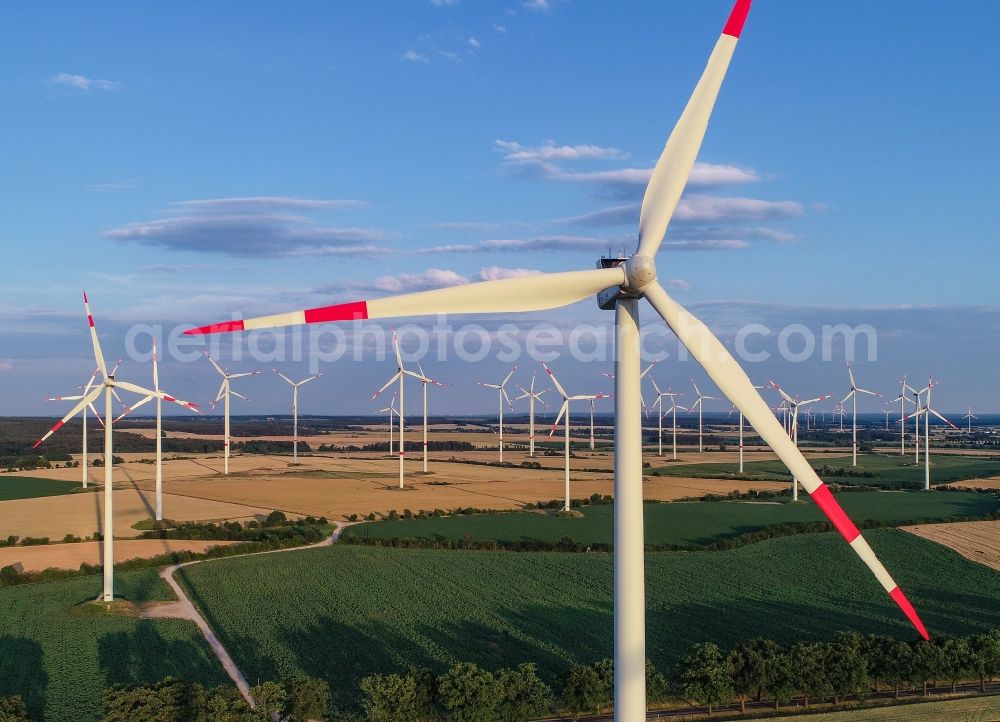 Sieversdorf from above - Wind turbine windmills on a field in Sieversdorf in the state Brandenburg, Germany