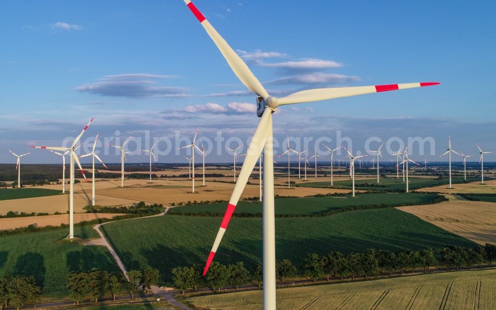 Aerial photograph Sieversdorf - Wind turbine windmills on a field in Sieversdorf in the state Brandenburg, Germany