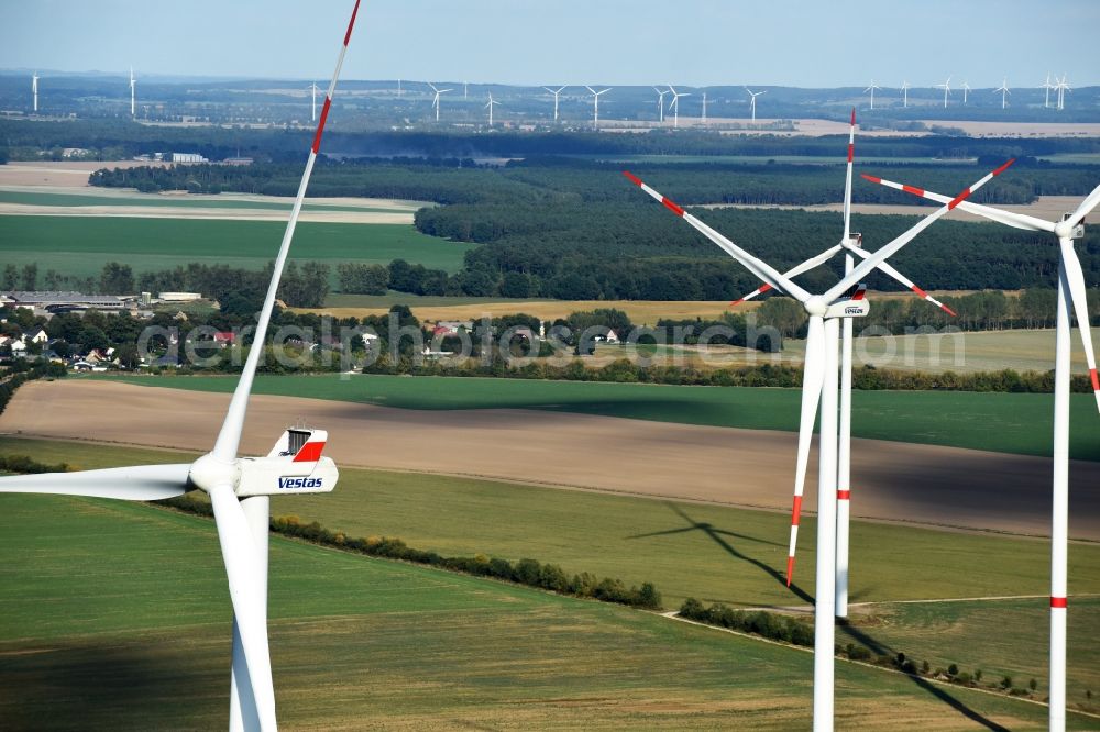 Aerial image Sydower Fließ - Wind turbine windmills of Vestas Wind Systems A/S on a field in Sydower Fliess in the state Brandenburg