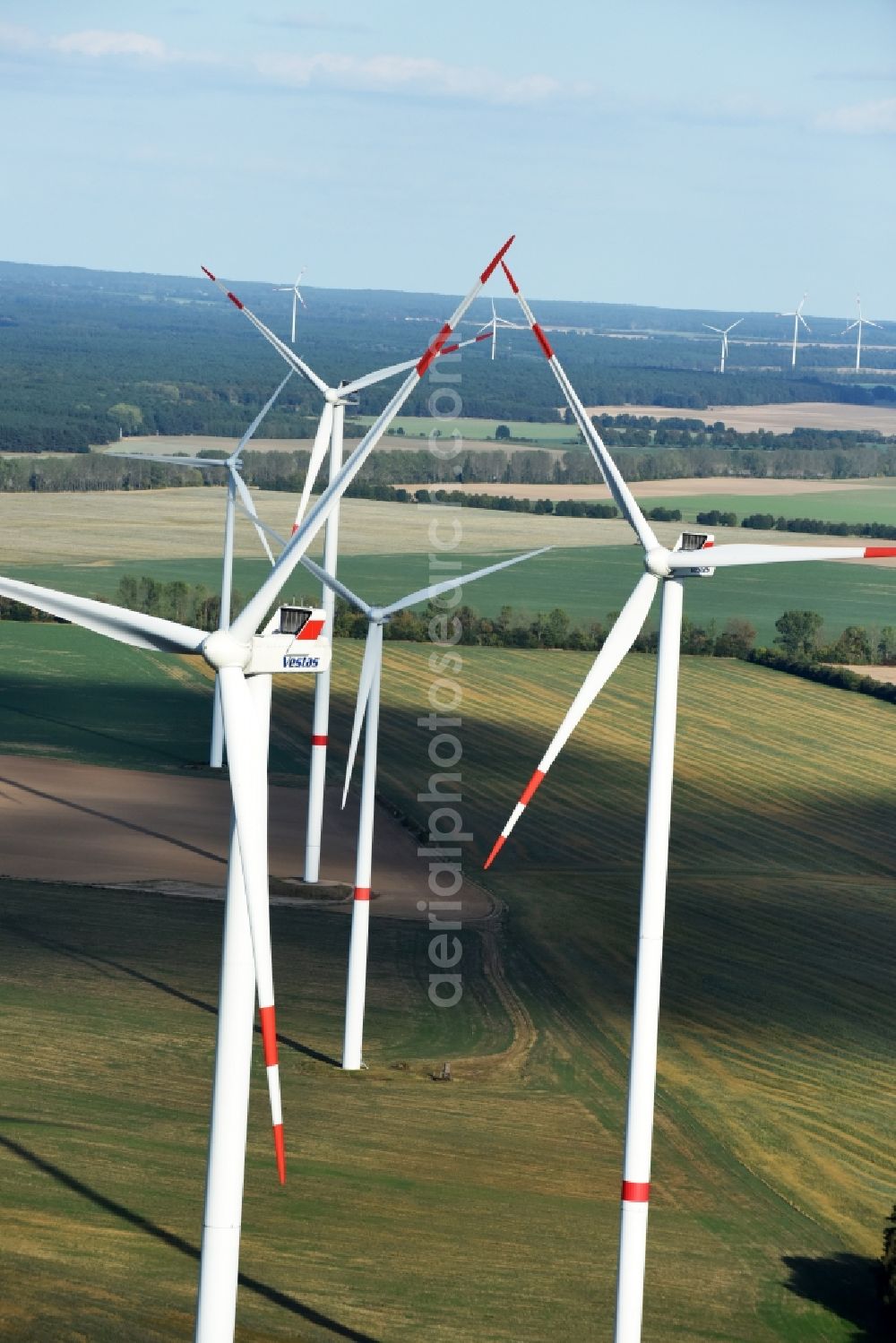 Sydower Fließ from above - Wind turbine windmills of Vestas Wind Systems A/S on a field in Sydower Fliess in the state Brandenburg