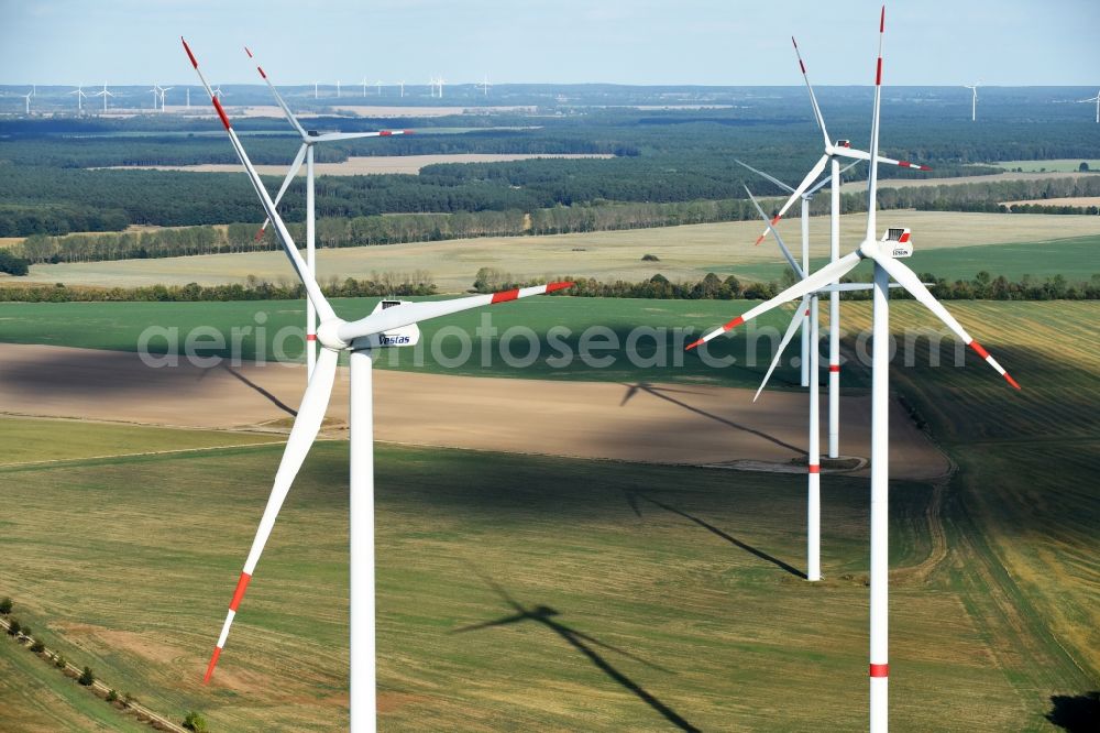 Sydower Fließ from the bird's eye view: Wind turbine windmills of Vestas Wind Systems A/S on a field in Sydower Fliess in the state Brandenburg