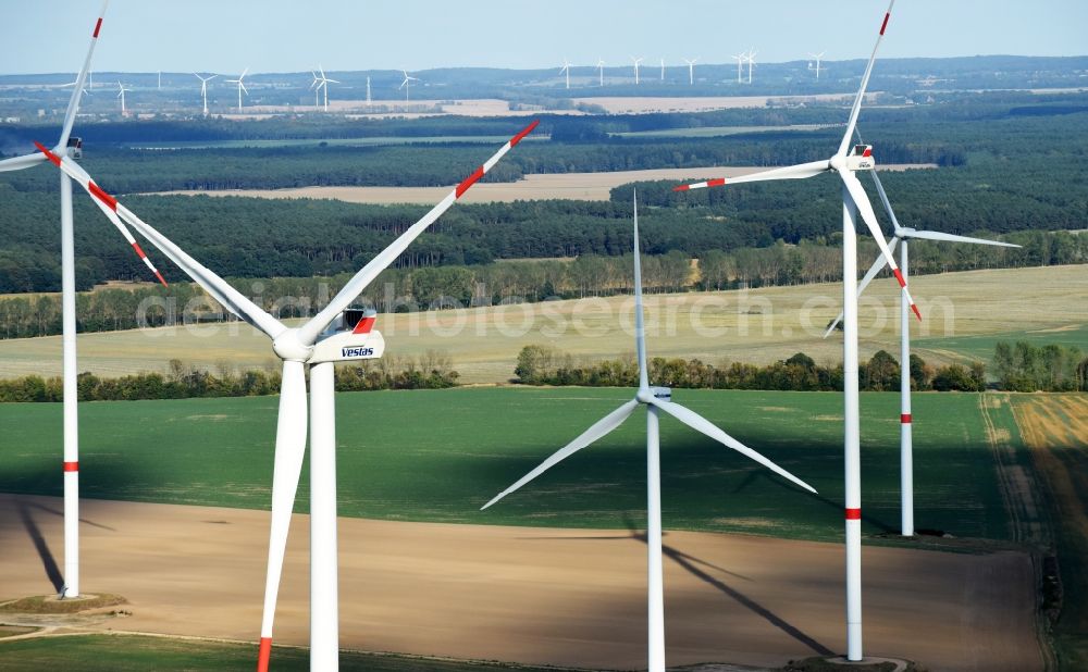 Aerial image Sydower Fließ - Wind turbine windmills of Vestas Wind Systems A/S on a field in Sydower Fliess in the state Brandenburg