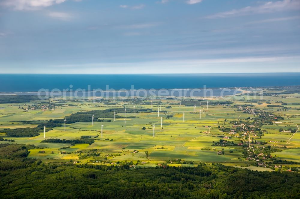 Aerial image Szczeglino - Wind turbine windmills on a field in Szczeglino in West Pomerania, Poland