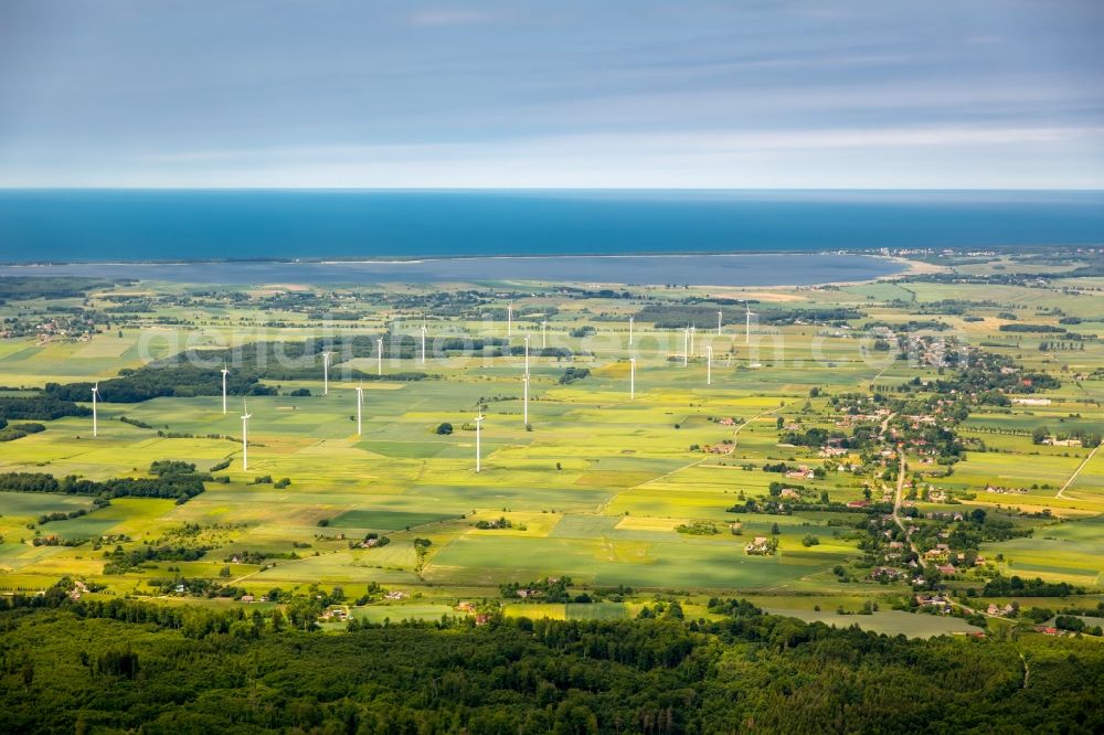 Aerial photograph Szczeglino - Wind turbine windmills on a field in Szczeglino in West Pomerania, Poland