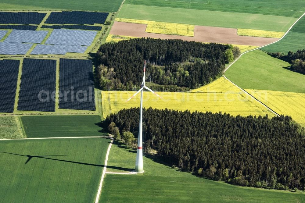 Titting from the bird's eye view: Wind turbine windmills on a field in Titting in the state Bavaria, Germany