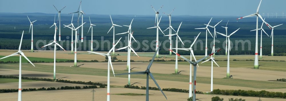 Aerial image Treuenbrietzen - Wind turbine windmills on a field in Treuenbrietzen in the state Brandenburg