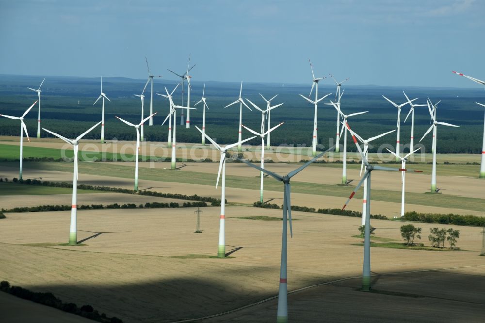 Treuenbrietzen from above - Wind turbine windmills on a field in Treuenbrietzen in the state Brandenburg