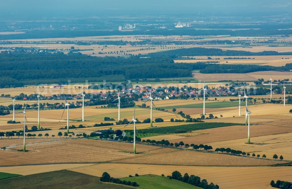 Aerial image Warstein - Wind turbine windmills on a field in Warstein in the state North Rhine-Westphalia