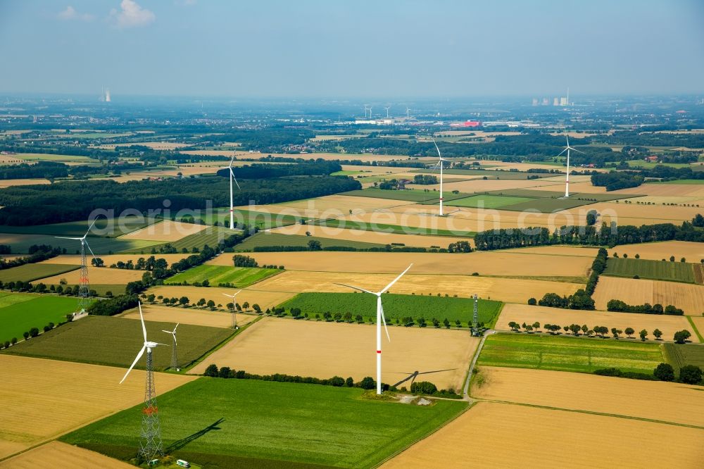 Aerial image Werl - Wind turbine windmills on a field in Werl in the state North Rhine-Westphalia