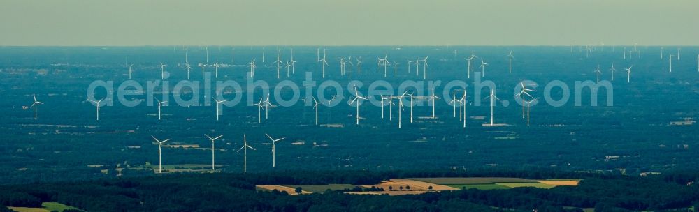 Aerial photograph Westerkappeln - Wind turbine windmills on a field in Westerkappeln in the state North Rhine-Westphalia, Germany