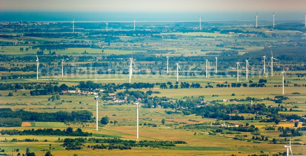 Wierciszewo from the bird's eye view: Wind turbine windmills on a field in Wierciszewo in West Pomerania, Poland