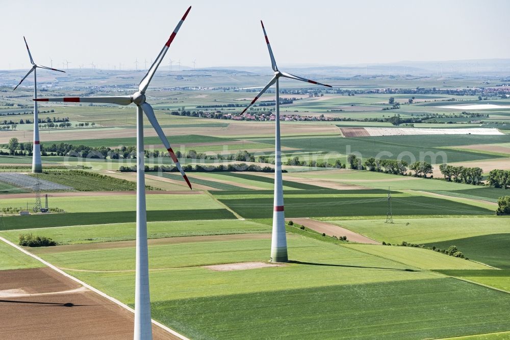 Wintersheim from the bird's eye view: Wind turbine windmills on a field in Wintersheim in the state Rhineland-Palatinate, Germany