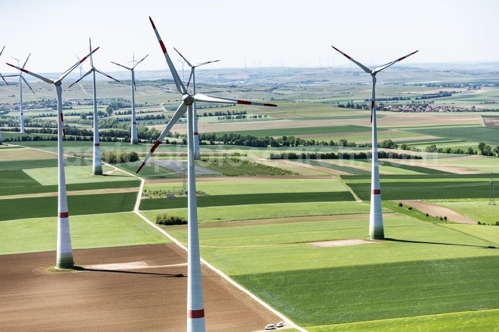 Aerial image Wintersheim - Wind turbine windmills on a field in Wintersheim in the state Rhineland-Palatinate, Germany