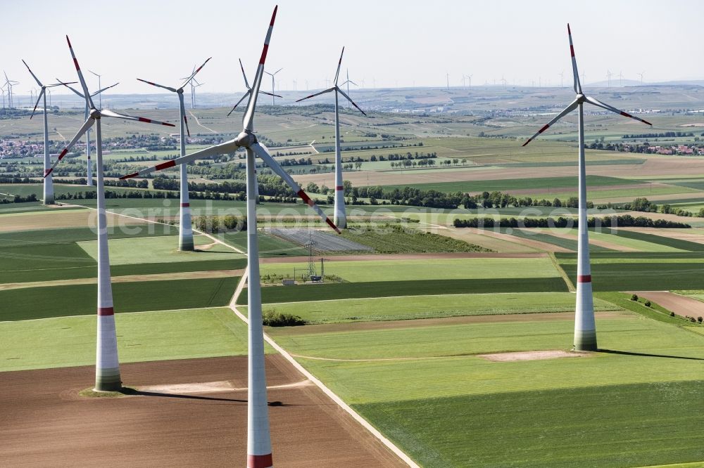 Aerial photograph Wintersheim - Wind turbine windmills on a field in Wintersheim in the state Rhineland-Palatinate, Germany