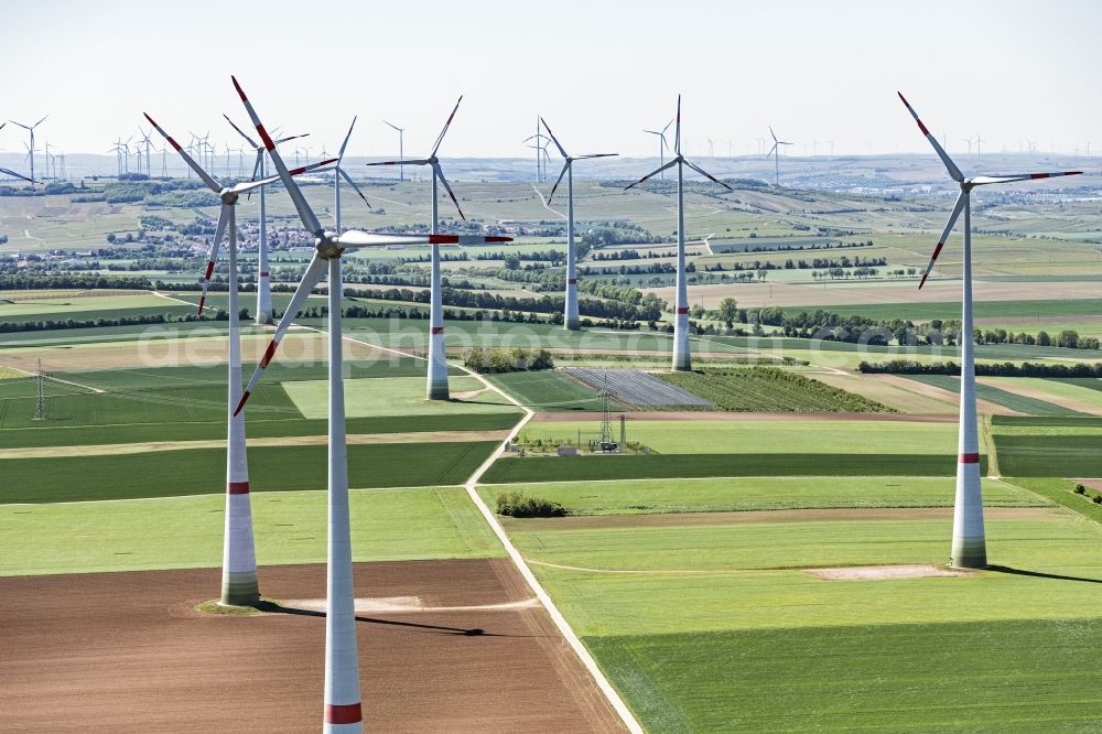 Wintersheim from above - Wind turbine windmills on a field in Wintersheim in the state Rhineland-Palatinate, Germany