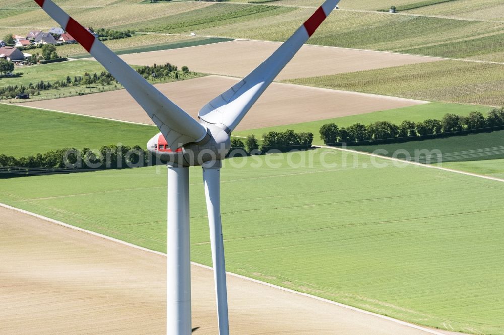 Wintersheim from the bird's eye view: Wind turbine windmills on a field in Wintersheim in the state Rhineland-Palatinate, Germany