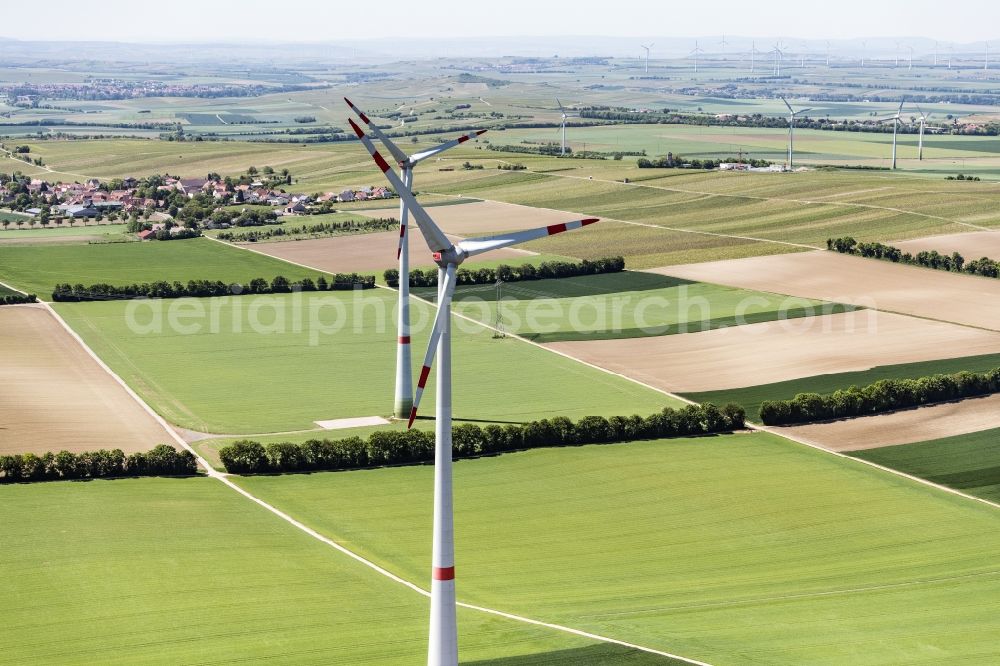 Aerial image Wintersheim - Wind turbine windmills on a field in Wintersheim in the state Rhineland-Palatinate, Germany