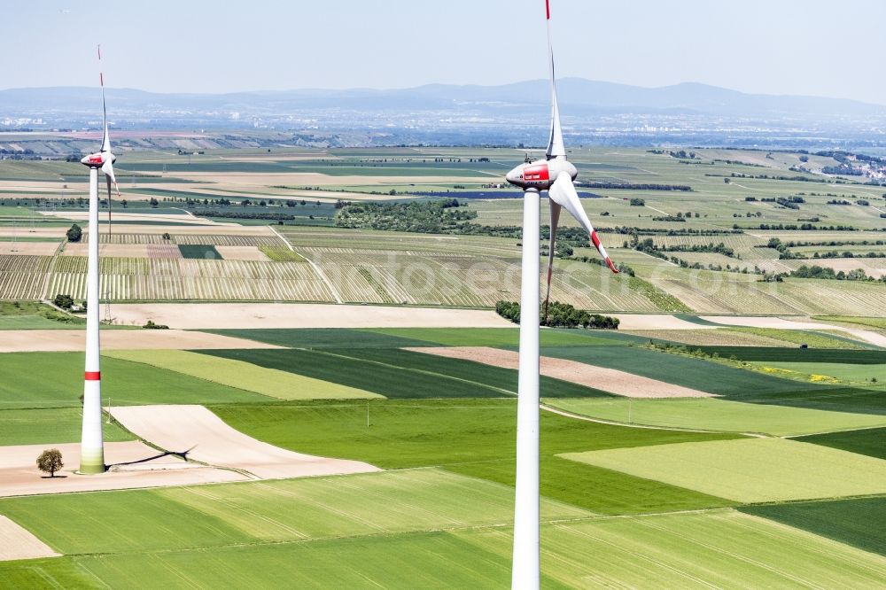 Aerial photograph Wintersheim - Wind turbine windmills on a field in Wintersheim in the state Rhineland-Palatinate, Germany