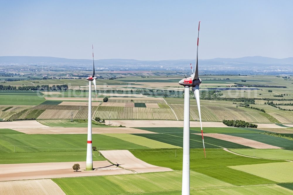 Wintersheim from above - Wind turbine windmills on a field in Wintersheim in the state Rhineland-Palatinate, Germany