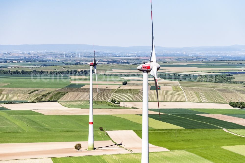 Wintersheim from the bird's eye view: Wind turbine windmills on a field in Wintersheim in the state Rhineland-Palatinate, Germany