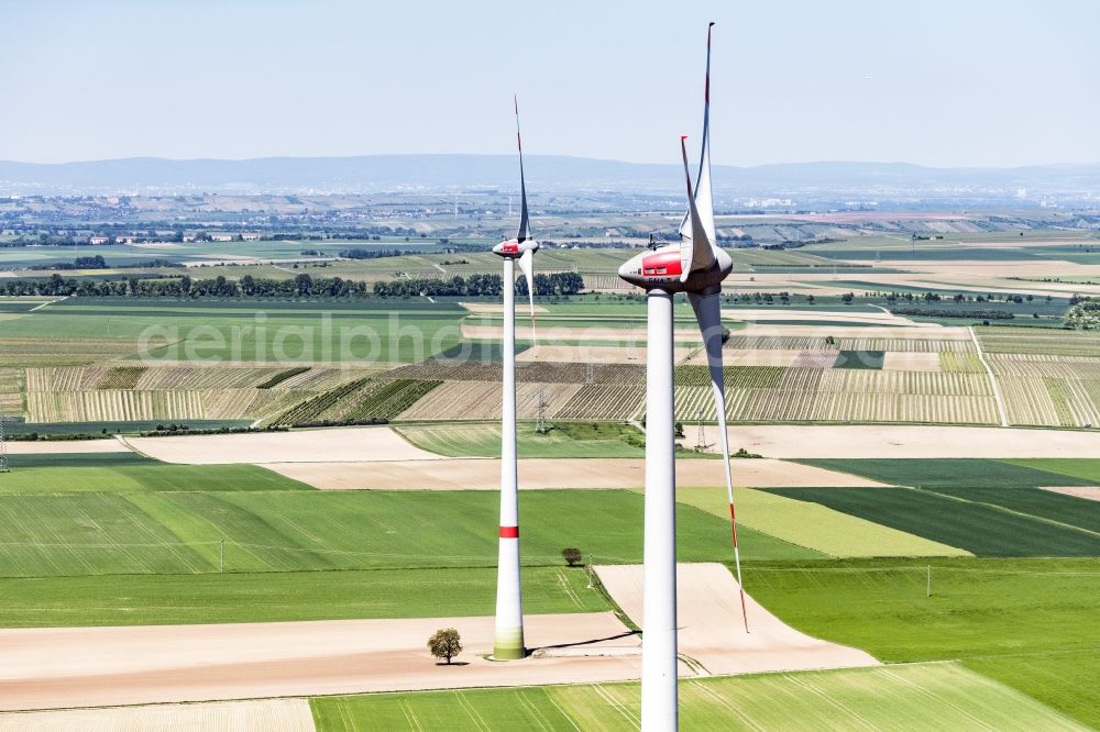 Aerial image Wintersheim - Wind turbine windmills on a field in Wintersheim in the state Rhineland-Palatinate, Germany