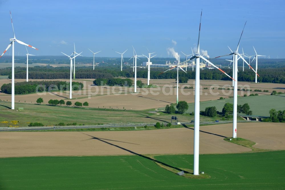 Wittstock/Dosse from the bird's eye view: Wind turbine windmills on a field in Wittstock/Dosse in the state Brandenburg