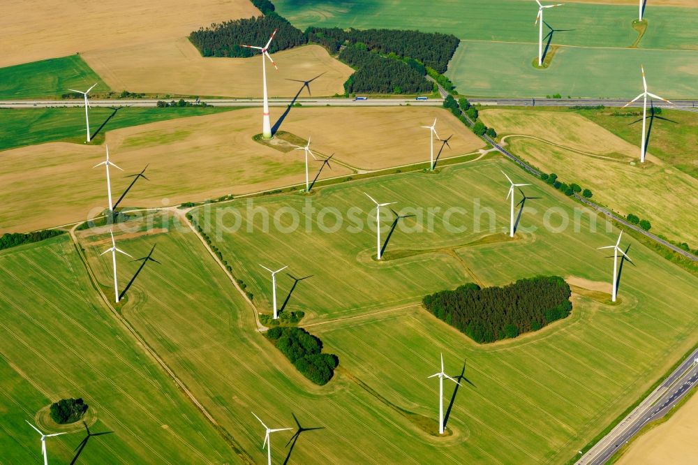 Aerial photograph Wittstock/Dosse - Wind turbine windmills on a field in Wittstock/Dosse in the state Brandenburg, Germany