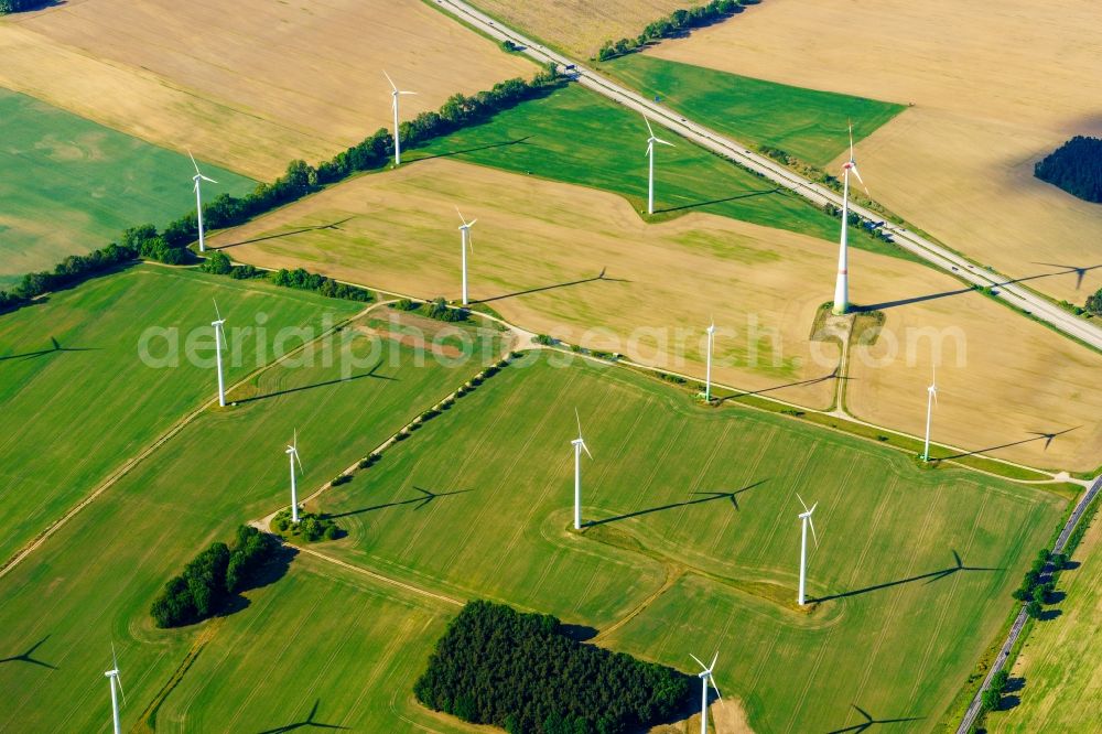 Wittstock/Dosse from the bird's eye view: Wind turbine windmills on a field in Wittstock/Dosse in the state Brandenburg, Germany