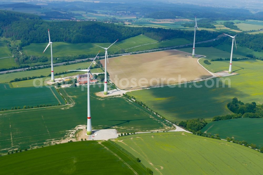 Witzenhausen from the bird's eye view: Wind turbine windmills on a field in Witzenhausen in the state Hesse, Germany