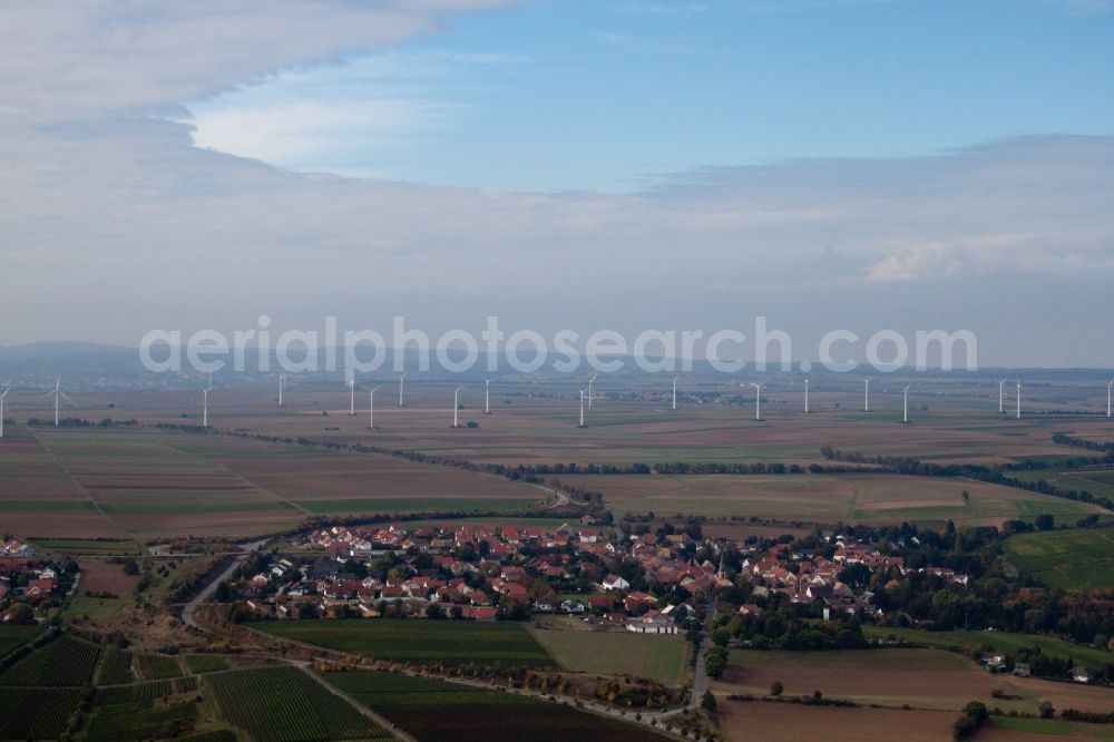 Ober-Flörsheim from the bird's eye view: Wind turbine windmills on a field in Ober-Floersheim in the state Rhineland-Palatinate