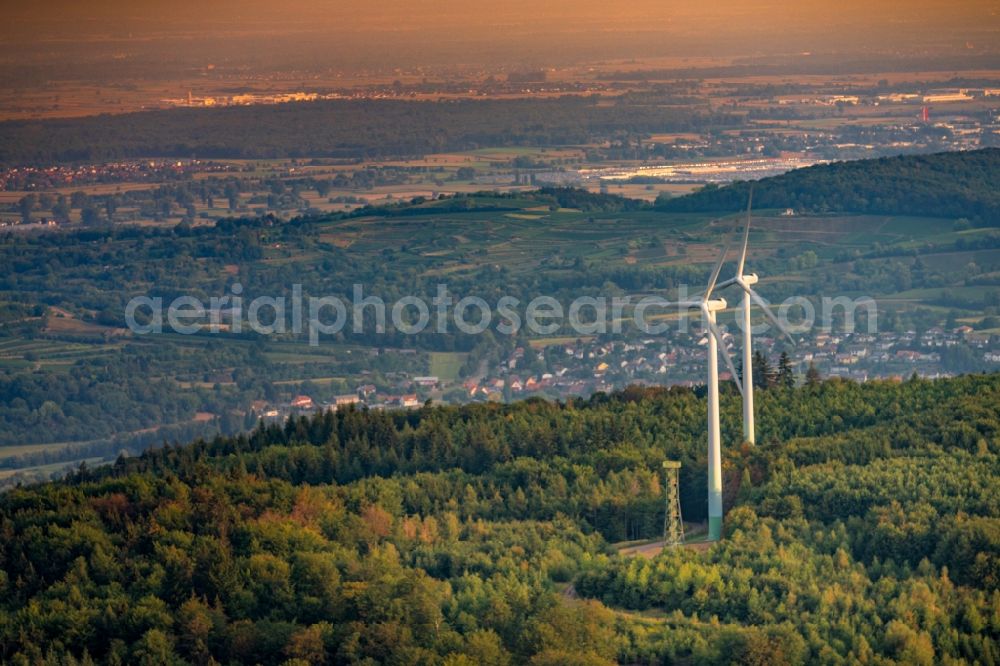 Ettenheim from above - Wind turbine windmills (WEA) in a forest area in Ettenheim in the state Baden-Wurttemberg, Germany