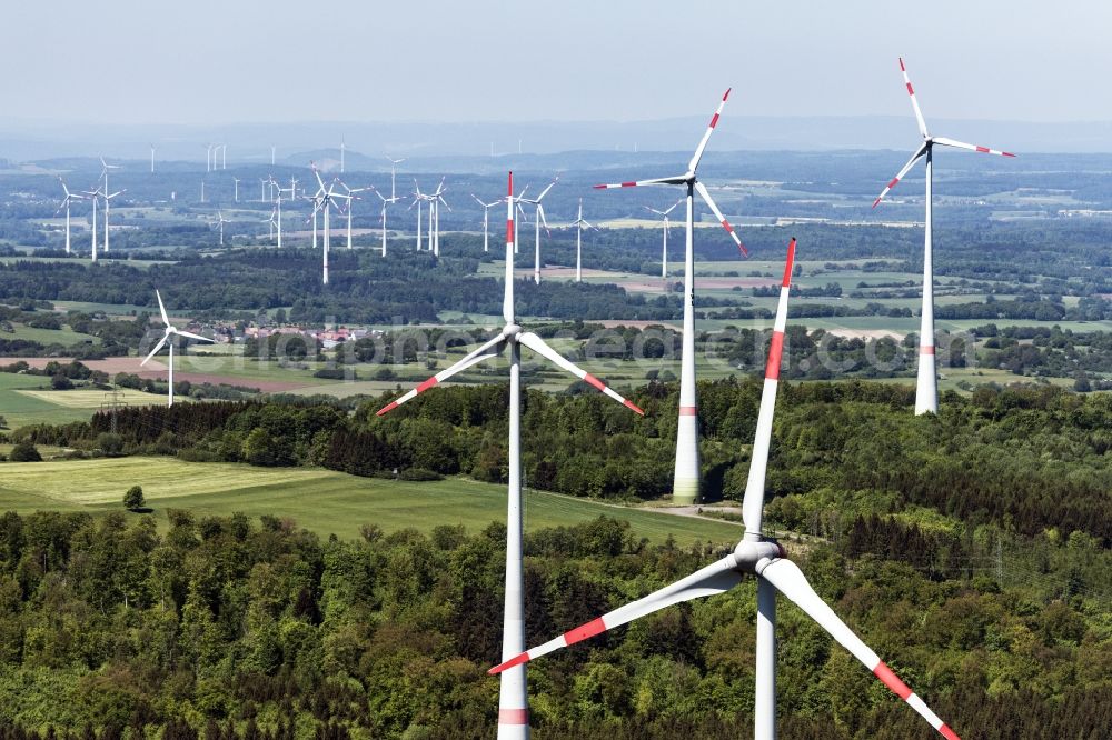 Aerial photograph Feldatal - Wind turbine windmills (WEA) in a forest area in Feldatal in the state Hesse, Germany