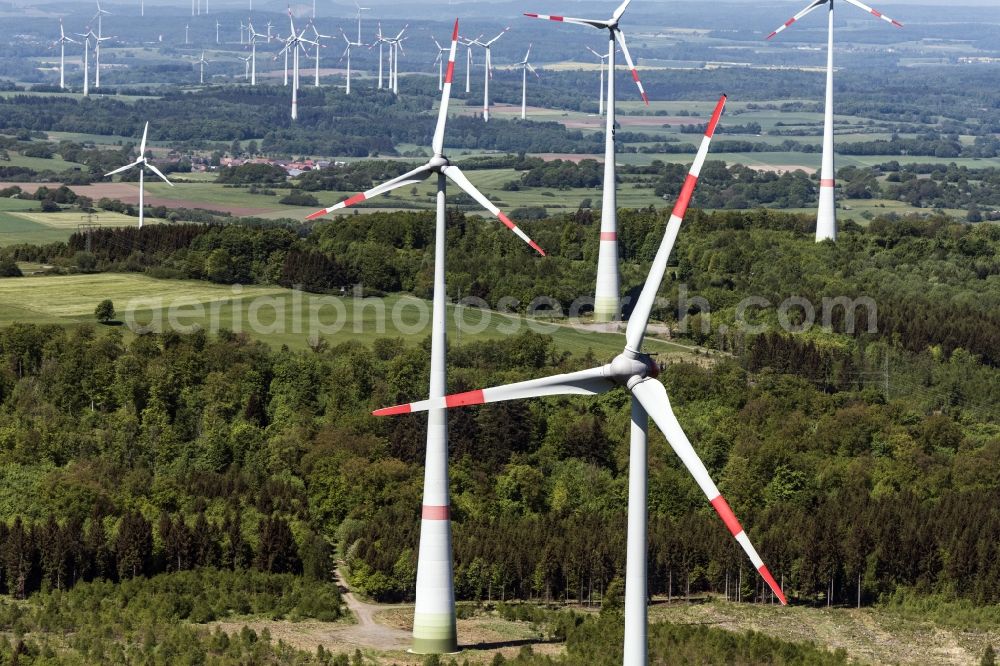 Feldatal from above - Wind turbine windmills (WEA) in a forest area in Feldatal in the state Hesse, Germany