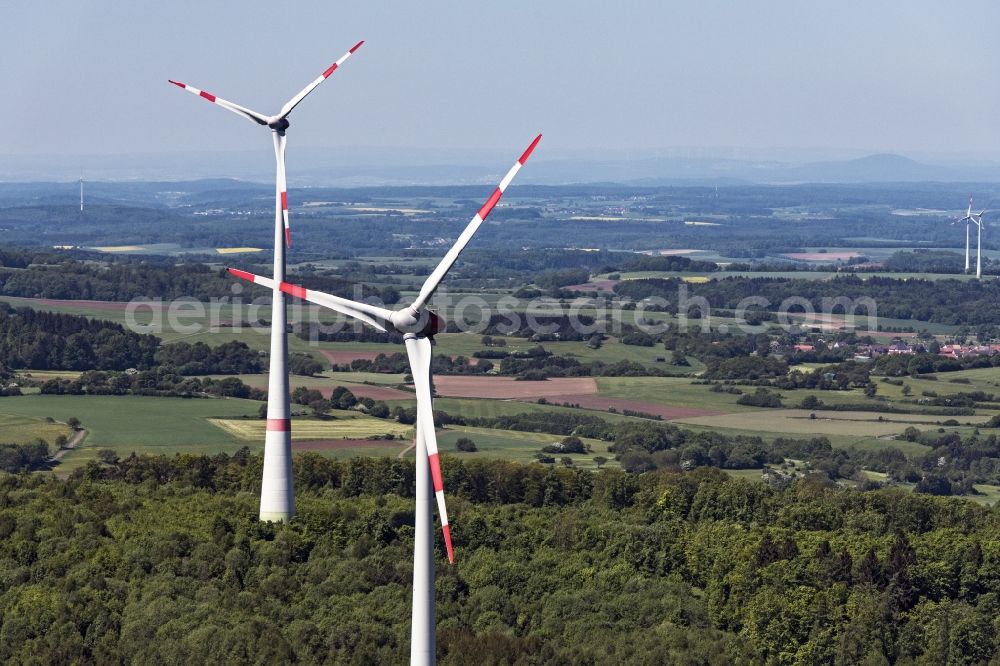 Aerial image Feldatal - Wind turbine windmills (WEA) in a forest area in Feldatal in the state Hesse, Germany