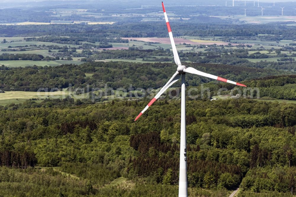 Aerial photograph Feldatal - Wind turbine windmills (WEA) in a forest area in Feldatal in the state Hesse, Germany