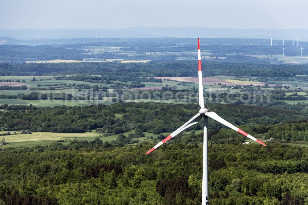 Feldatal from above - Wind turbine windmills (WEA) in a forest area in Feldatal in the state Hesse, Germany