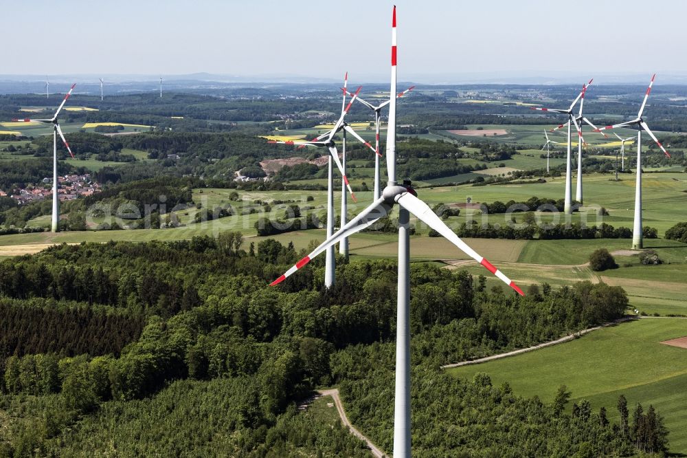 Aerial image Feldatal - Wind turbine windmills (WEA) in a forest area in Feldatal in the state Hesse, Germany