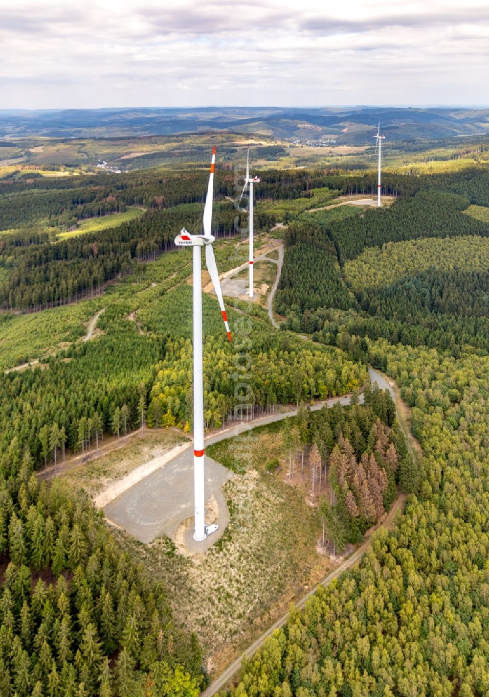 Haiger from above - Wind turbine windmills (WEA) in a forest area in Haiger in the state Hesse, Germany