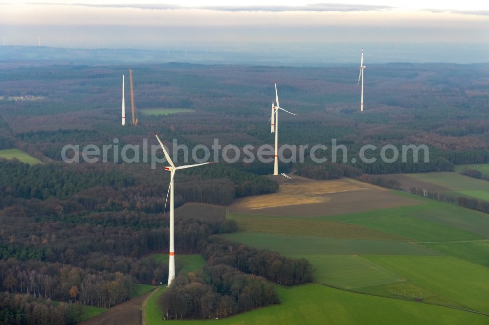 Haltern am See from above - Wind turbine windmills (WEA) in a forest area in Haltern am See in the state North Rhine-Westphalia, Germany