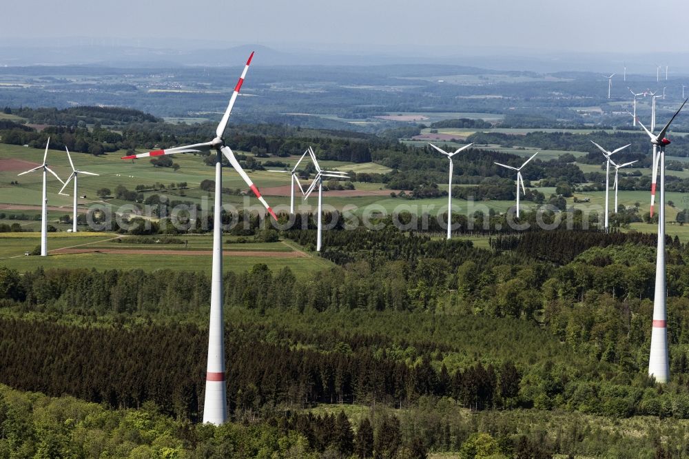 Aerial image Lautertal - Wind turbine windmills (WEA) in a forest area in Lautertal in the state Hesse, Germany