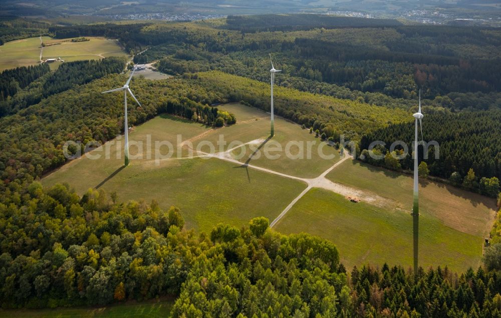 Aerial photograph Netphen - Wind turbine windmills (WEA) in a forest area in Netphen in the state North Rhine-Westphalia, Germany