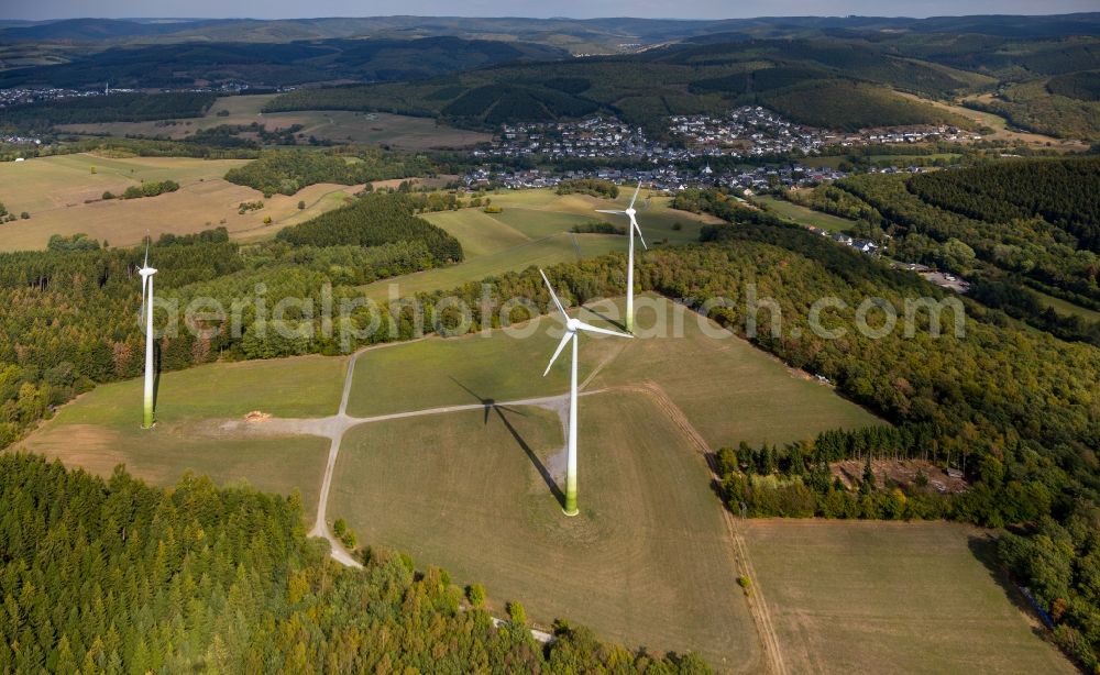 Aerial image Netphen - Wind turbine windmills (WEA) in a forest area in Netphen in the state North Rhine-Westphalia, Germany