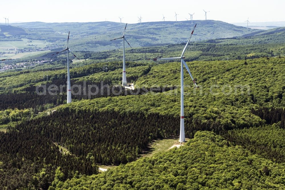 Waldalgesheim from above - Wind turbine windmills (WEA) in a forest area in Waldalgesheim in the state Rhineland-Palatinate, Germany